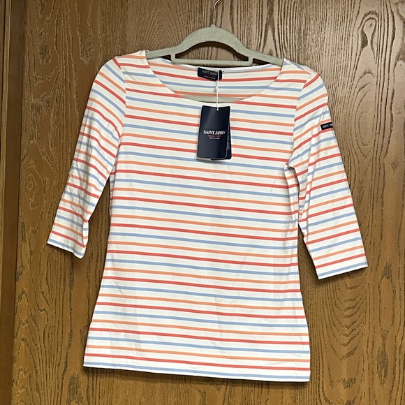 Saint James Women's Top - Coral and White Stripes - Picture 1 of 5